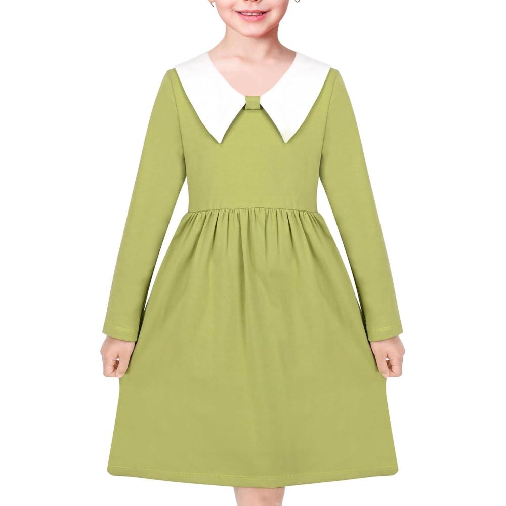 imageSunny Fashion Girls Dress White Collar Long Sleeve Daily Cozy Cotton Casual Dress Size 510Green