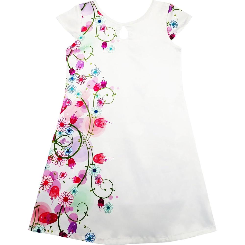 imageSunny Fashion Girls Dress White Satin Flower Print Cap Sleeve Party Beach 414