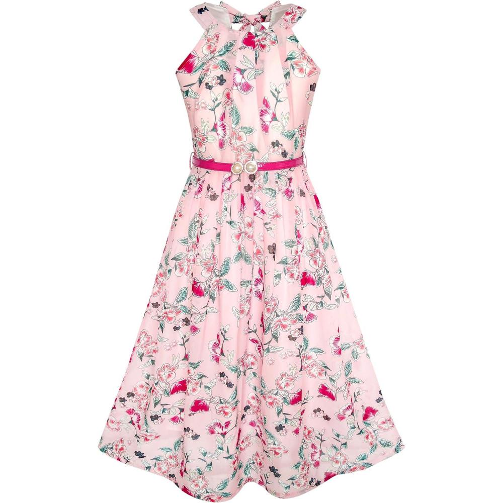 imageSunny Fashion Girls Dress Yellow Floral Red Belt Chiffon Party Maxi Dress