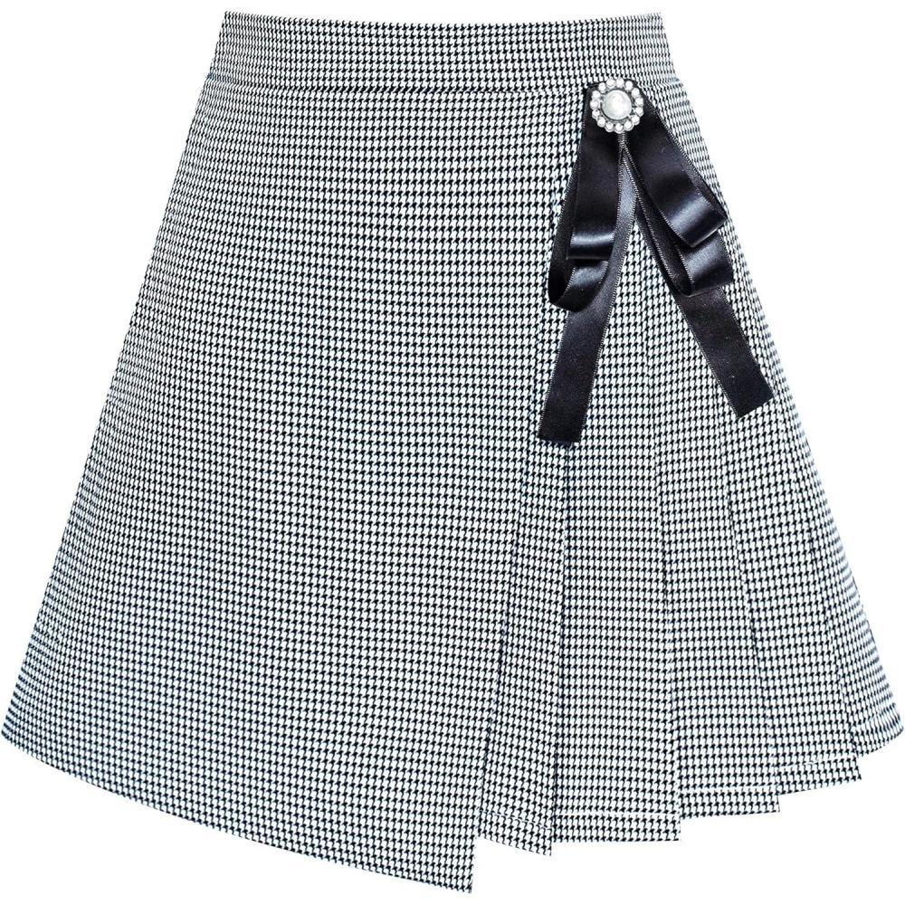 imageSunny Fashion Girls Skirt Beige Pleated Bow Tie Back School Uniform Size 614Black Pattern