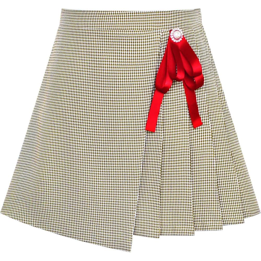 imageSunny Fashion Girls Skirt Beige Pleated Bow Tie Back School Uniform Size 614Khaki Pattern