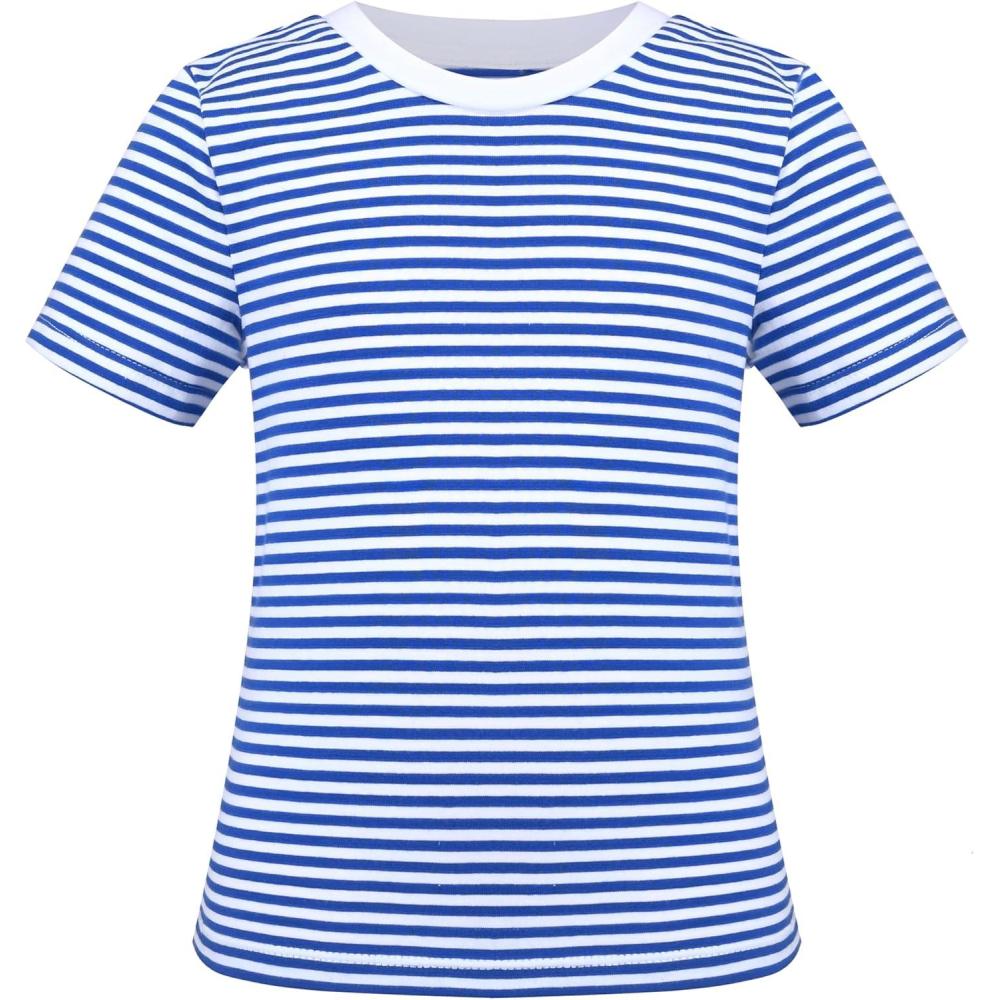 imageSunny Fashion Girls TShirt Crop Top Brown Lettuce Trim Ribbed Knit Button CasualBlue Striped