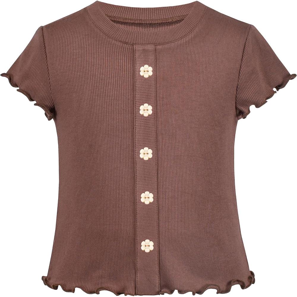 imageSunny Fashion Girls TShirt Crop Top Brown Lettuce Trim Ribbed Knit Button CasualBrown