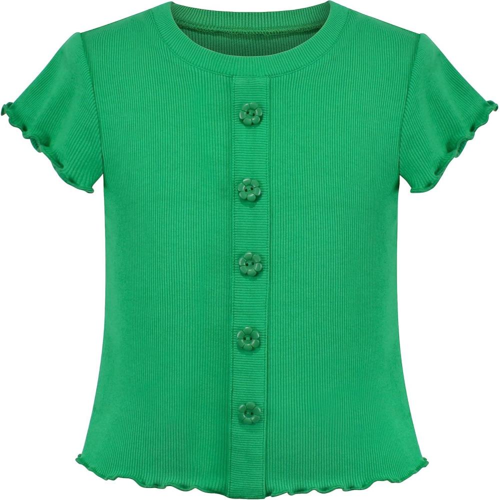 imageSunny Fashion Girls TShirt Crop Top Brown Lettuce Trim Ribbed Knit Button CasualGreen