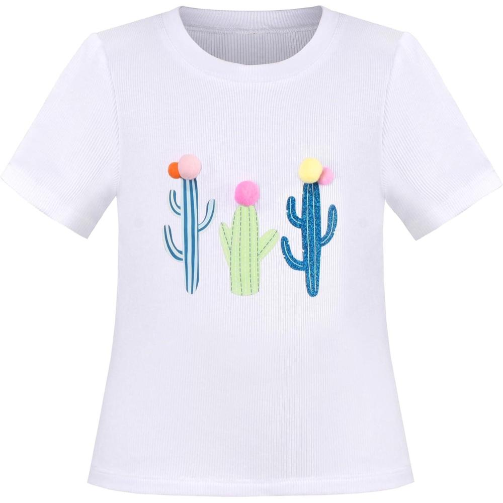 imageSunny Fashion Girls TShirt Crop Top Brown Lettuce Trim Ribbed Knit Button CasualWhite