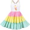 Girls Dress Rainbow Icecream Unicorn Strip Suspender Sleeveless Sundress Summer Size 7