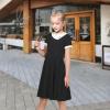 Sunny Fashion Girls Dress Black Asymmetric Collar Knit Preppy School Family Short Sleeve Cotton(Black)