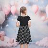 Sunny Fashion Girls Dress Black Asymmetric Collar Knit Preppy School Family Short Sleeve Cotton(Black Dot)