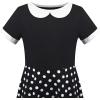 Sunny Fashion Girls Dress Black Asymmetric Collar Knit Preppy School Family Short Sleeve Cotton(Black Dot)