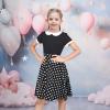 Sunny Fashion Girls Dress Black Asymmetric Collar Knit Preppy School Family Short Sleeve Cotton(Black Dot)