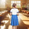 Sunny Fashion Girls Dress Black Asymmetric Collar Knit Preppy School Family Short Sleeve Cotton(Blue Dot)
