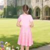 Sunny Fashion Girls Dress Black Asymmetric Collar Knit Preppy School Family Short Sleeve Cotton(Pink Plaid)