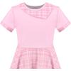 Sunny Fashion Girls Dress Black Asymmetric Collar Knit Preppy School Family Short Sleeve Cotton(Pink Plaid)