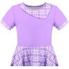 Sunny Fashion Girls Dress Black Asymmetric Collar Knit Preppy School Family Short Sleeve Cotton(Purple Plaid)