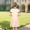 Sunny Fashion Girls Dress Black Asymmetric Collar Knit Preppy School Family Short Sleeve Cotton(Tan Beige)