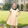 Sunny Fashion Girls Dress Black Asymmetric Collar Knit Preppy School Family Short Sleeve Cotton(Tan Beige)