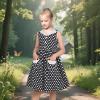 Sunny Fashion Girls Dress Blue Polka Dot Pocket Pleated Summer Sleeveless Cotton(Black Polka Dot)