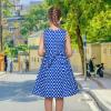 Sunny Fashion Girls Dress Blue Polka Dot Pocket Pleated Summer Sleeveless Cotton(Blue Polka Dot)