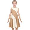 Sunny Fashion Girls Dress Brown Color Block Contrast Sleeveless Casual Elegant(Light Brown)