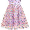 Sunny Fashion Girls Dress Caramel Star Lace Short Sleeve Pleated Collar Dress(Purple Dot)