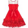 Sunny Fashion Girls Dress Caramel Star Lace Short Sleeve Pleated Collar Dress(Red)