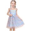 Sunny Fashion Girls Dress Caramel Star Lace Short Sleeve Pleated Collar Dress(Sky Blue)