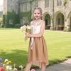 Sunny Fashion Girls Dress Chiffon Floral High-Low Tie Waist Party Princess(Pale Brown)