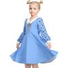 Sunny Fashion Girls Dress Pink Flower Long Sleeve Cotton Casual Dress Size 4-8(Blue Ruler Print)