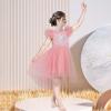 Sunny Fashion Girls Dress Pink Sequin Wedding Hi-Low Tulle Skirt Tutu Flutter Sleeve(Pink)