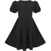 Sunny Fashion Girls Dress Pink Solid A-line Vintage Puff Sleeve Spring Summer(Black)