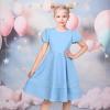 Sunny Fashion Girls Dress Pink Solid A-line Vintage Puff Sleeve Spring Summer(Light Blue)