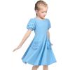 Sunny Fashion Girls Dress Pink Solid A-line Vintage Puff Sleeve Spring Summer(Sky Blue)