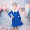 Sunny Fashion Girls Dress White Collar Long Sleeve Daily Cozy Cotton Casual Dress Size 5-10(Navy Blue)