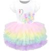 Girls Dress Pink Tutu Unicorn Dancing Tiered Skirt Ballet Birthday Party 3-7(Rainbow Swan)
