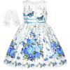 Sunny Fashion Flower Girls Dress White Tea Party Gloves Princess Dress Size 4-12(Blue Flower)