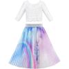 Sunny Fashion Girls Dress 2PC Set White Floral Lace Glitter Tulle Skirt 3/4 Sleeve(Purple Set)