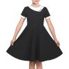 Sunny Fashion Girls Dress Black Asymmetric Collar Knit Preppy School Family Short Sleeve Cotton(Black)