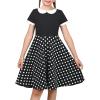 Sunny Fashion Girls Dress Black Asymmetric Collar Knit Preppy School Family Short Sleeve Cotton(Black Dot)