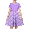 Sunny Fashion Girls Dress Black Asymmetric Collar Knit Preppy School Family Short Sleeve Cotton(Purple Plaid)