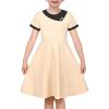 Sunny Fashion Girls Dress Black Asymmetric Collar Knit Preppy School Family Short Sleeve Cotton(Tan Beige)