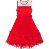 Sunny Fashion Girls Dress Caramel Star Lace Short Sleeve Pleated Collar Dress(Red)