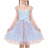 Sunny Fashion Girls Dress Caramel Star Lace Short Sleeve Pleated Collar Dress(Sky Blue)