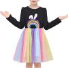 Sunny Fashion Girls Dress Daisy Embroidered Long Sleeve Purple Party Dress Smile(Rainbow Bunny)