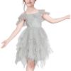 Sunny Fashion Girls Dress Pink Sequin Wedding Hi-Low Tulle Skirt Tutu Flutter Sleeve(Gray)