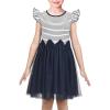 Sunny Fashion Girls Dress Pink Sequin Wedding Hi-Low Tulle Skirt Tutu Flutter Sleeve(Navy Blue Striped)