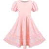 Sunny Fashion Girls Dress Pink Solid A-line Vintage Puff Sleeve Spring Summer(Pink)