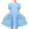 Sunny Fashion Girls Dress Pink Solid A-line Vintage Puff Sleeve Spring Summer(Sky Blue)