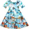 Sunny Fashion Girls Dress Satin Blue Sky City Building Print