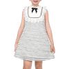 Sunny Fashion Girls Dress Striped Crochet Tweed Lace Trim Bow Sleeveless Summer Holiday Casual(White)