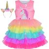 Sunny Fashion Girls Dress Unicorn Rainbow Tulle Unicorn Headband Party Size 4-10(Pink Rainbow Set)